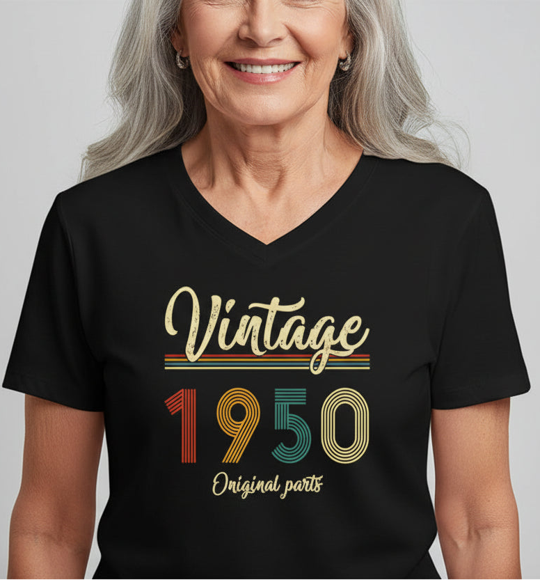 Person wearing a black t-shirt with 'Vintage 1950 Original parts' design on a white background