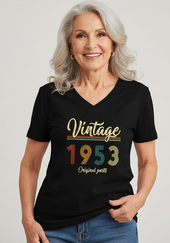 Person wearing a black t-shirt with 'Vintage 1953 Original parts' design on a white background
