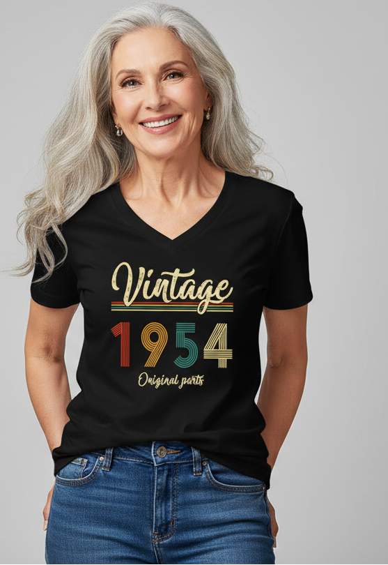Person wearing a black t-shirt with 'Vintage 1954 Original parts' design on a white background