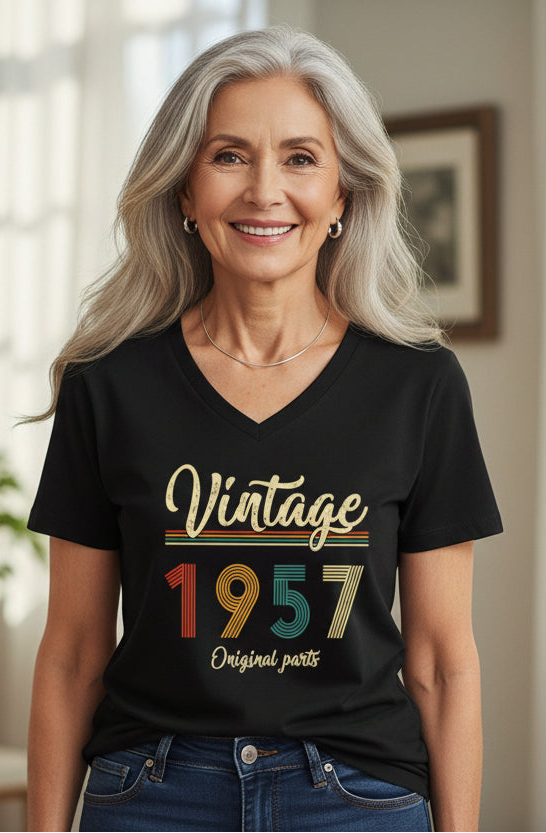 Person wearing a black t-shirt with 'Vintage 1957 Original parts' design on a white background