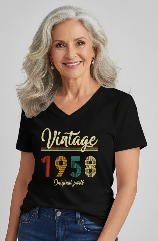 Person wearing a black t-shirt with 'Vintage 1958 Original parts' design on a white background