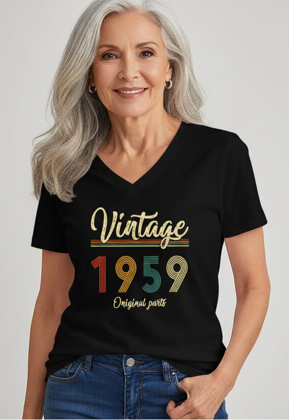 Person wearing a black t-shirt with 'Vintage 1959 Original parts' design on a white background