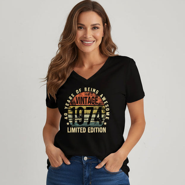 Woman wearing a black t-shirt with 'Vintage 1974' design on a white background