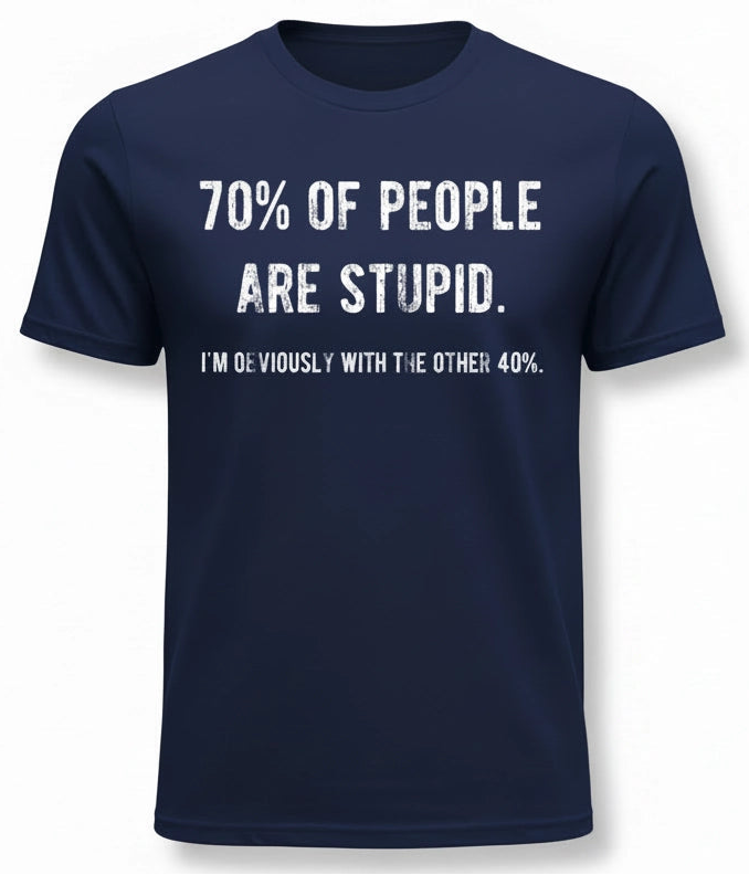Navy blue t-shirt with white text on a white background