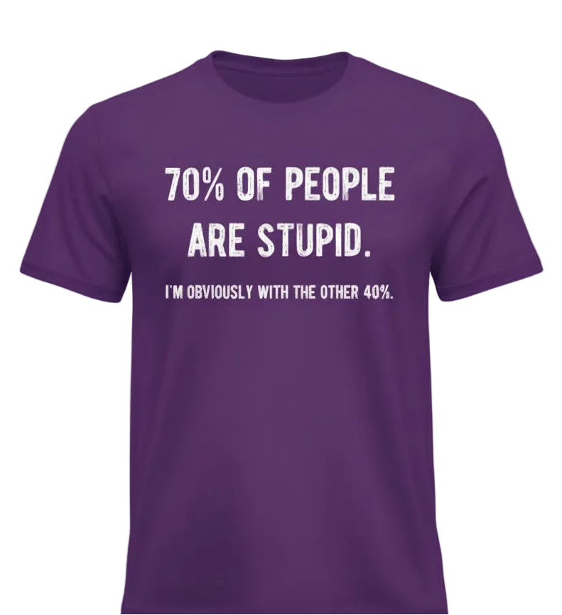 Purple t-shirt with humorous text on a white background