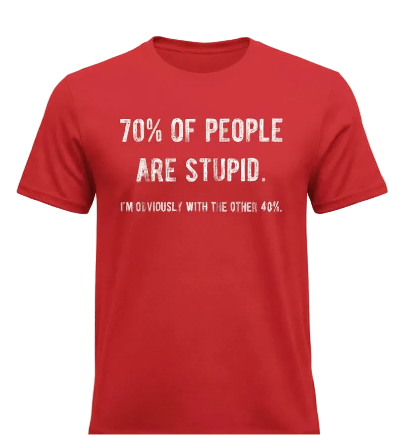 Red t-shirt with white text on a white background