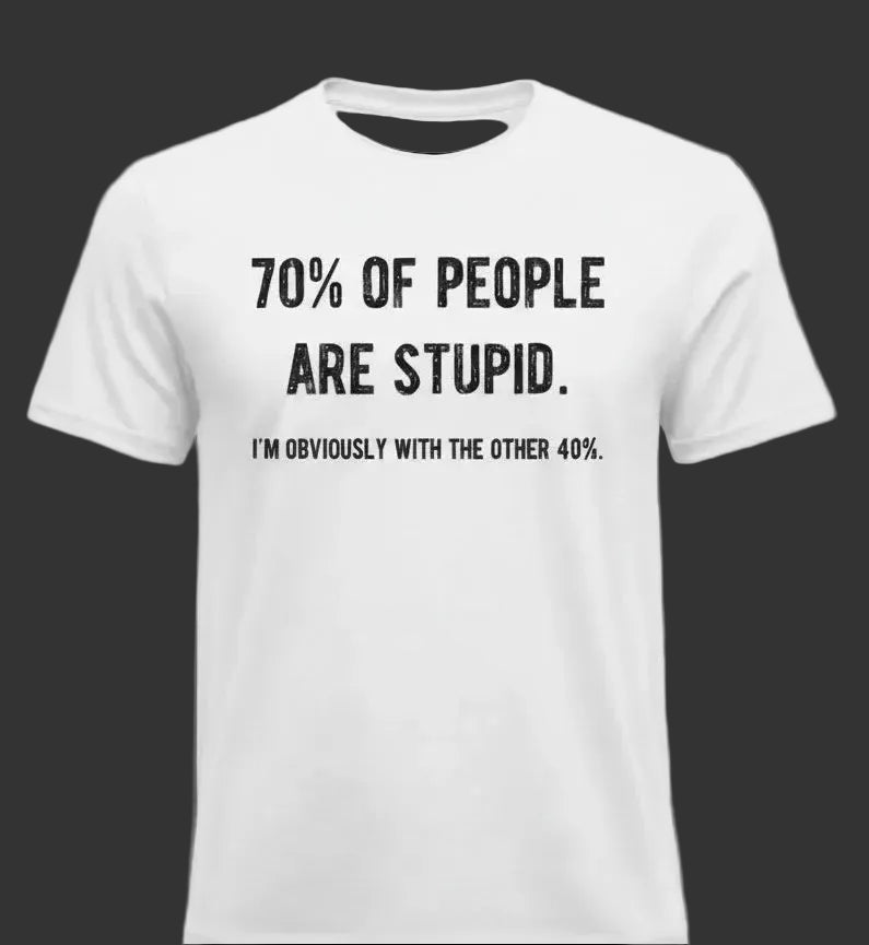 White t-shirt with black text on a gray background