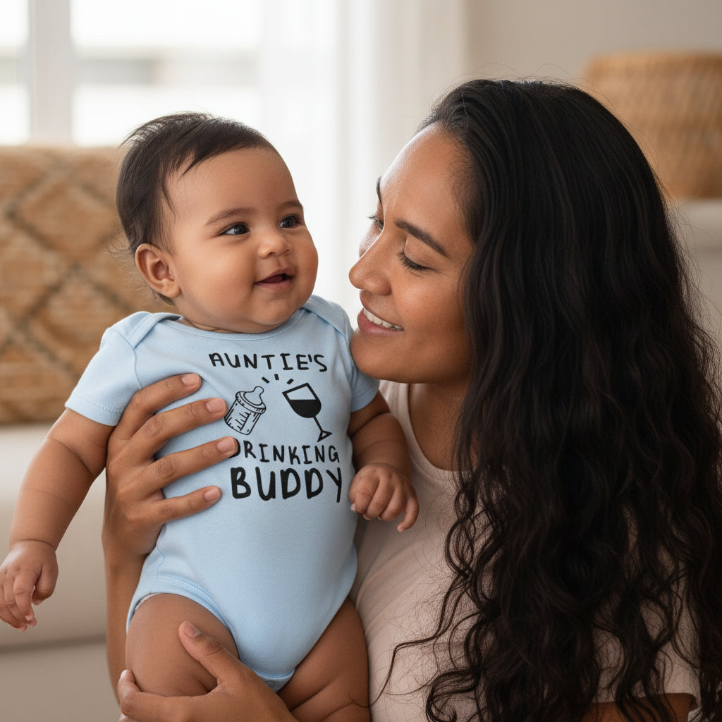 Light blue baby onesie with 'Auntie's Drinking Buddy' text on a white background