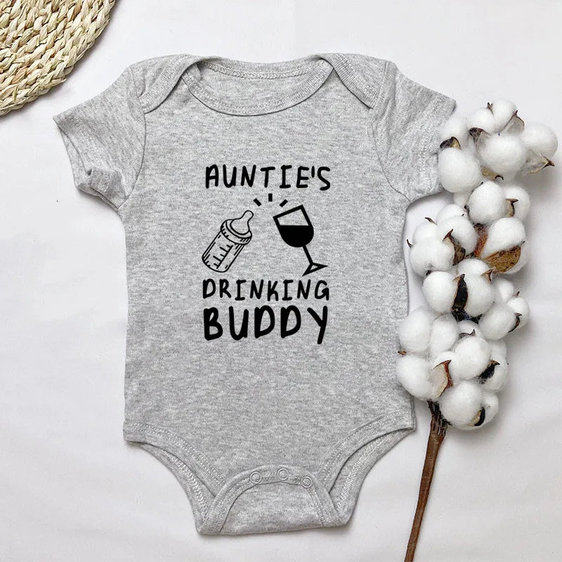 Grey baby onesie with 'Auntie's Drinking Buddy' text on a light background