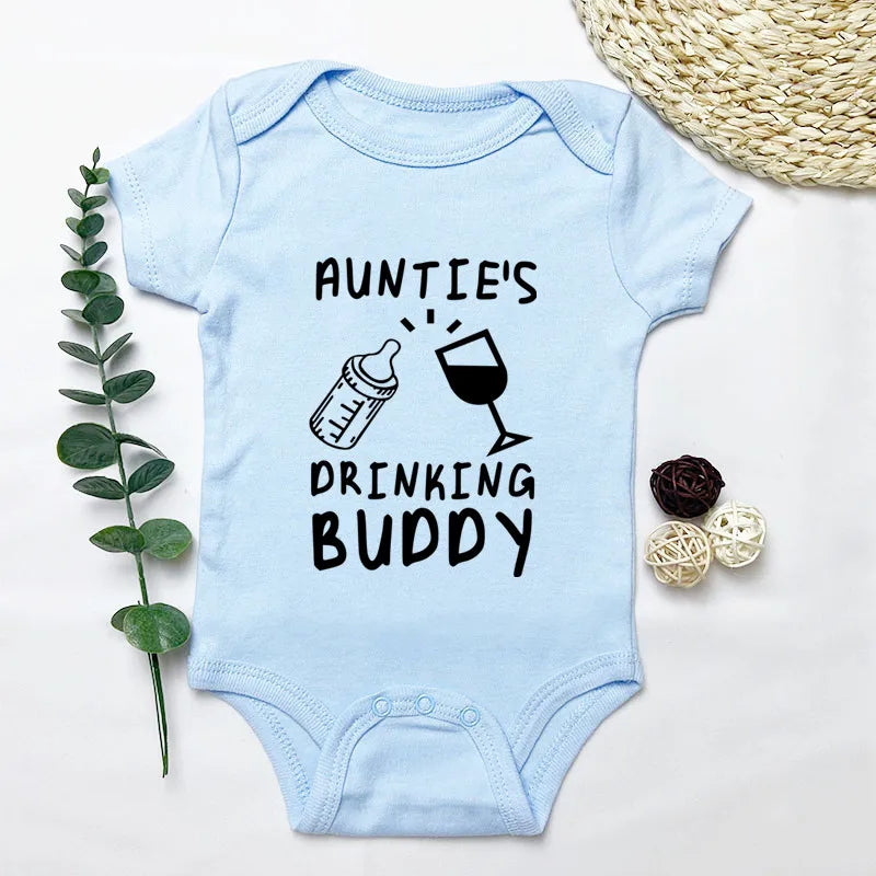 Light blue baby onesie with 'Auntie's Drinking Buddy' text on a white background