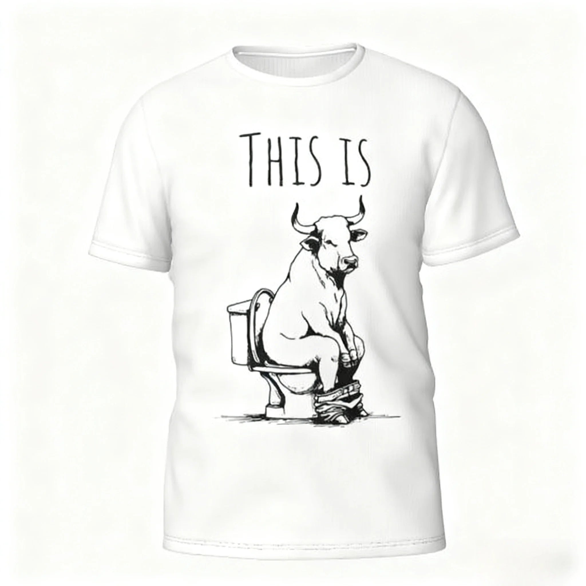 White t-shirt with a graphic of a bull on a toilet and text 'THIS IS' on a white background