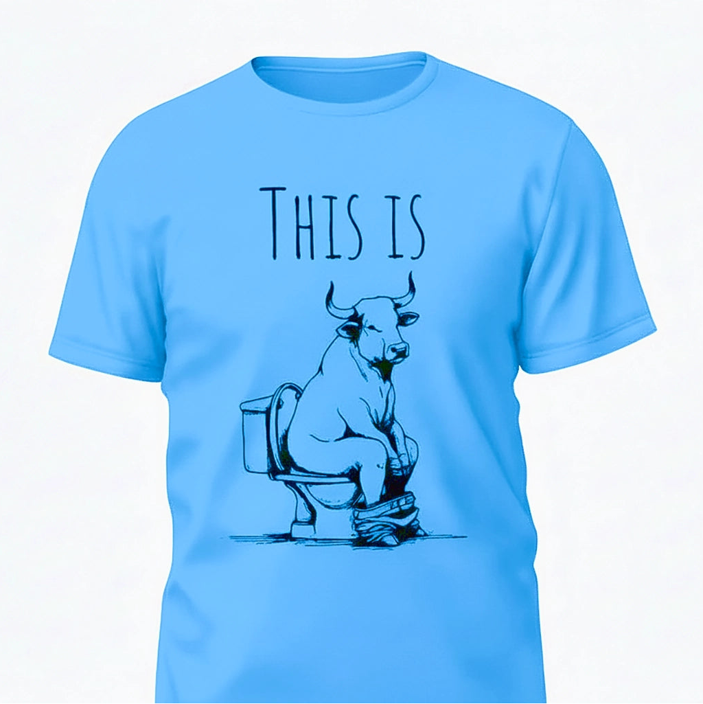 Light blue t-shirt with a graphic of a bull on a toilet and text 'THIS IS' on a white background