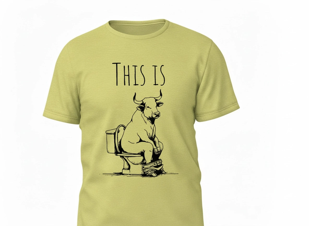 Yellow t-shirt with a graphic of a cow on a toilet and text 'THIS IS' on a white background