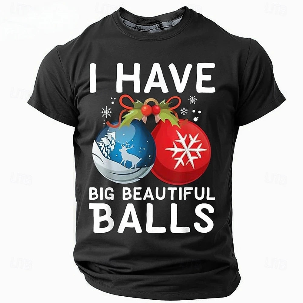 Black t-shirt with Christmas-themed design and text on a white background