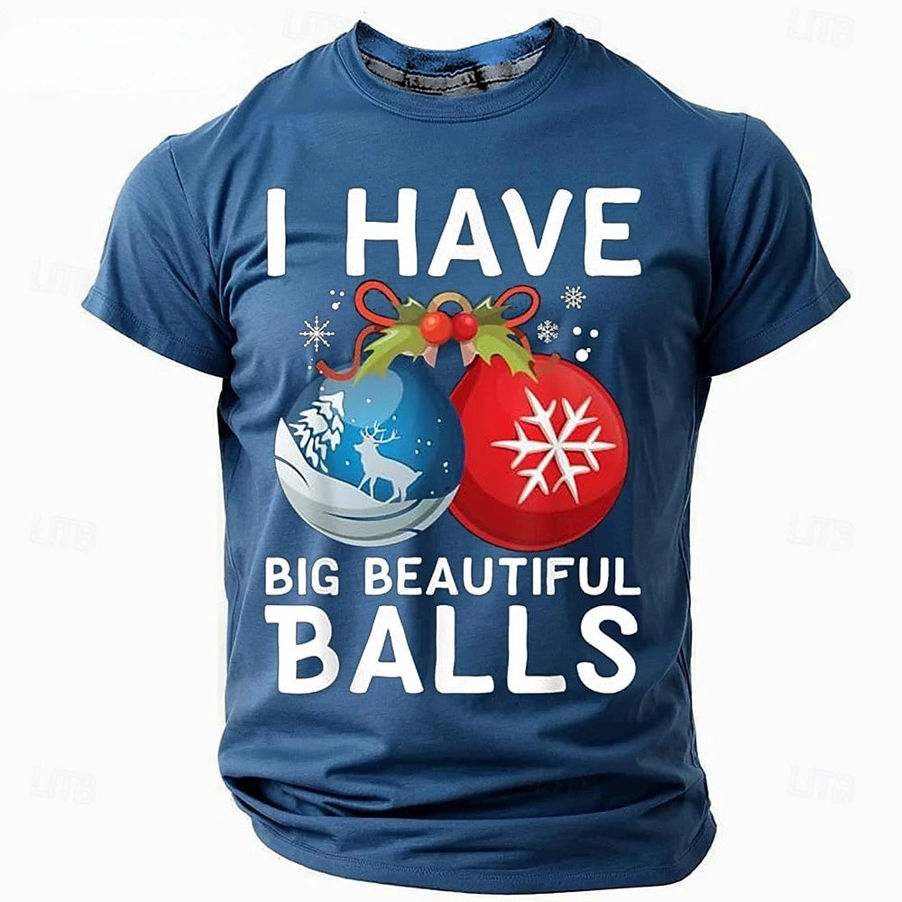 Blue t-shirt with Christmas-themed design and text on a white background