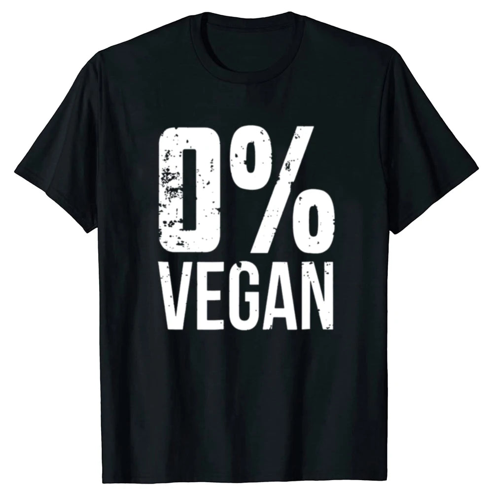 Black t-shirt with '0% Vegan' text on a white background