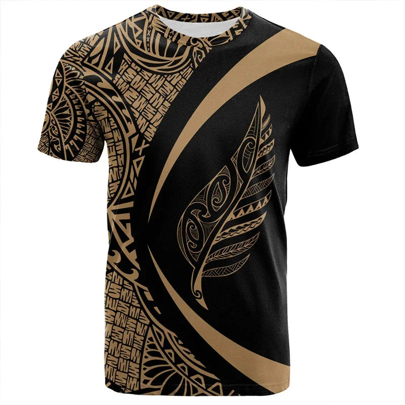 Black t-shirt with gold tribal patterns on a white background