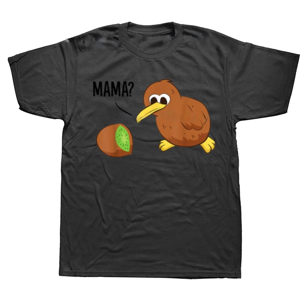 Black t-shirt with a cartoon kiwi bird and baby kiwi holding 'MAMA?' text on a white background