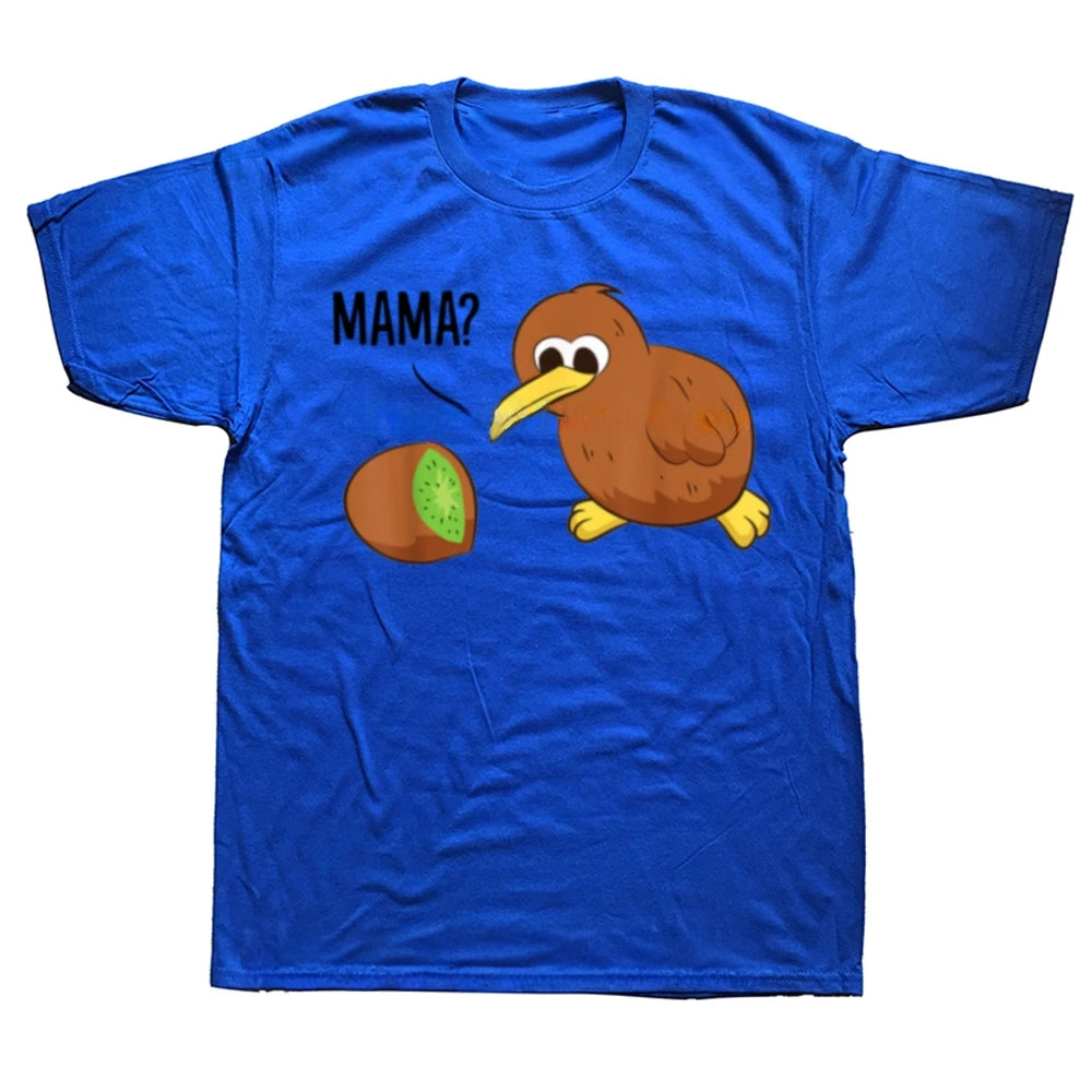 Blue t-shirt with a cartoon kiwi bird and the word 'MAMA?' on a white background