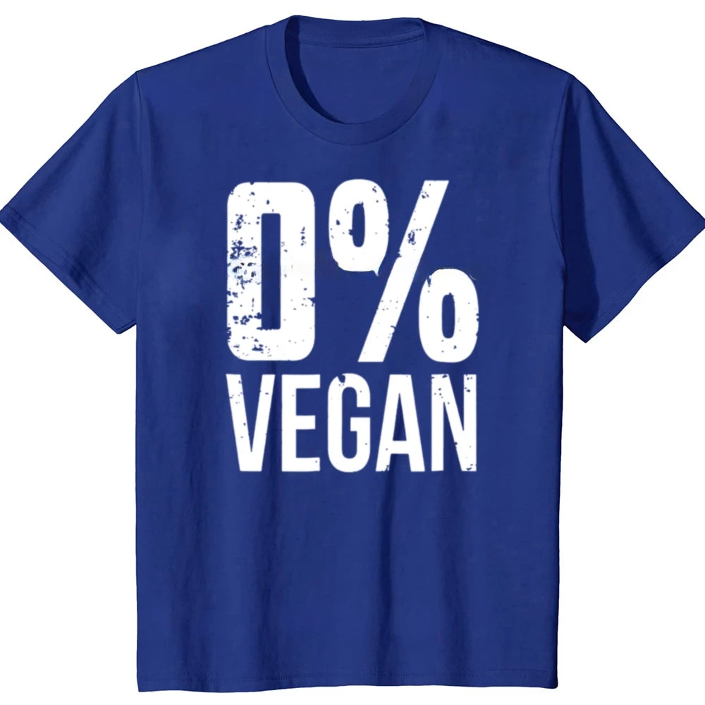 Blue t-shirt with '0% Vegan' text on a white background