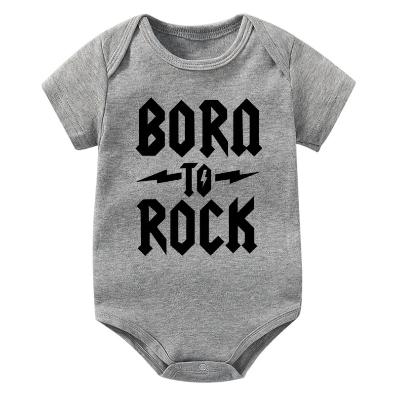 Gray baby onesie with 'Born to Rock' text on a white background