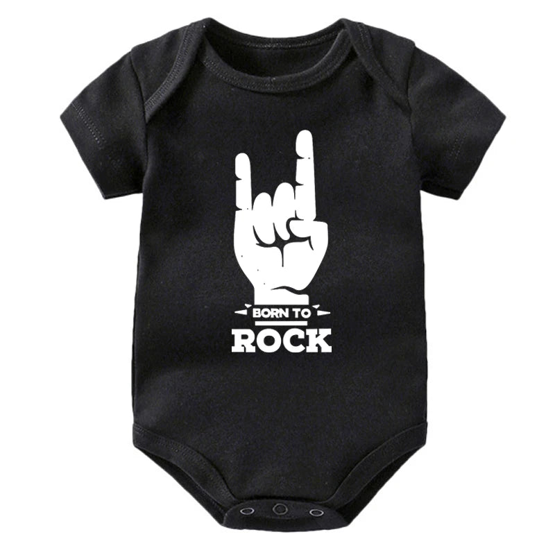 Black baby onesie with white graphic and text 'Born to Rock' on a white background