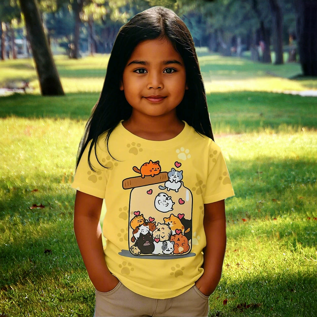 Child wearing a yellow t-shirt with cat illustrations in a park