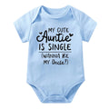 Light blue baby onesie with black text on a white background