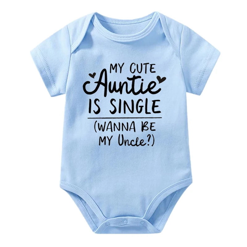 Light blue baby onesie with black text on a white background