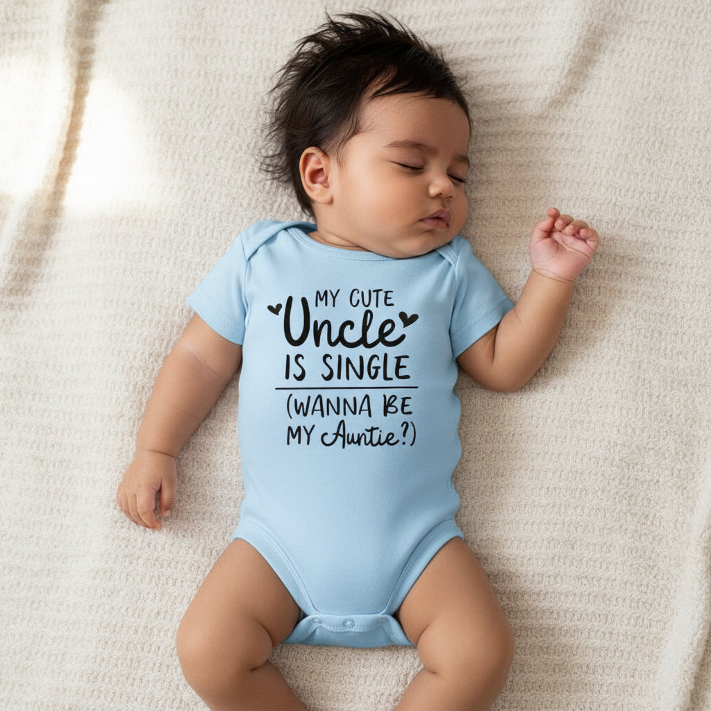 Light blue baby onesie with text on a white background