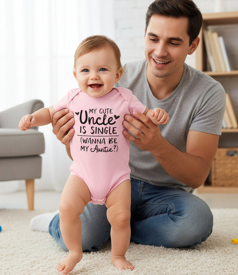 Pink baby onesie with text 'My cute uncle is single (wanna be my auntie)?' on a white background