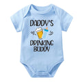 Light blue baby onesie with 'Daddy's Drinking Buddy' text and graphics on a white background