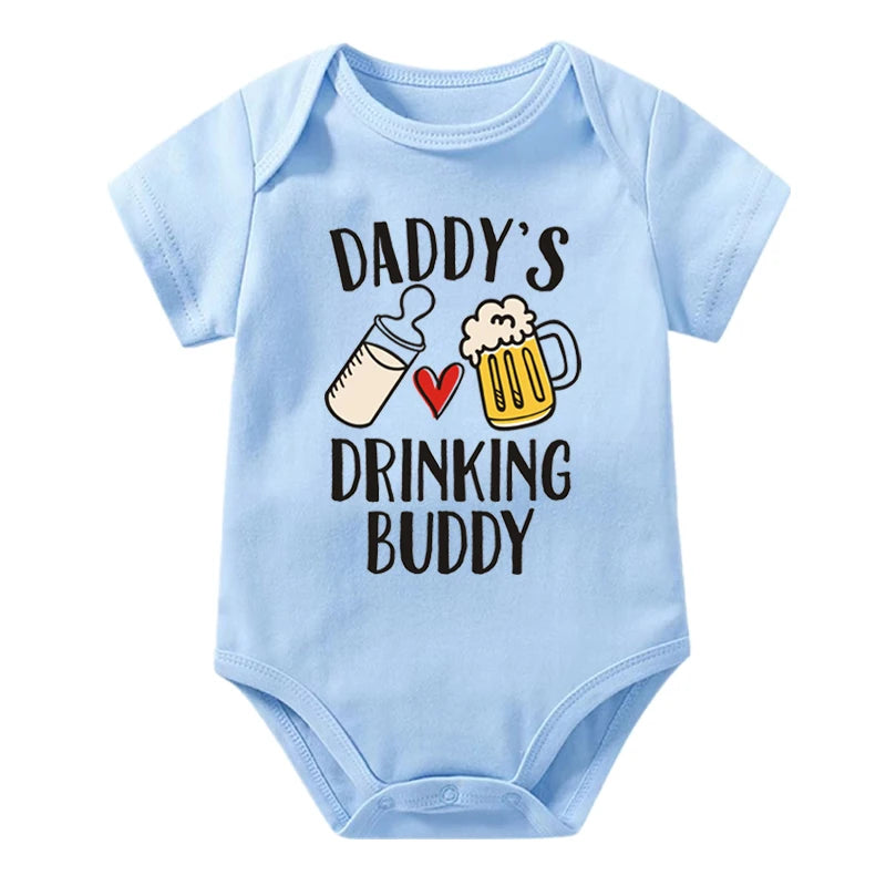 Light blue baby onesie with 'Daddy's Drinking Buddy' text and graphics on a white background