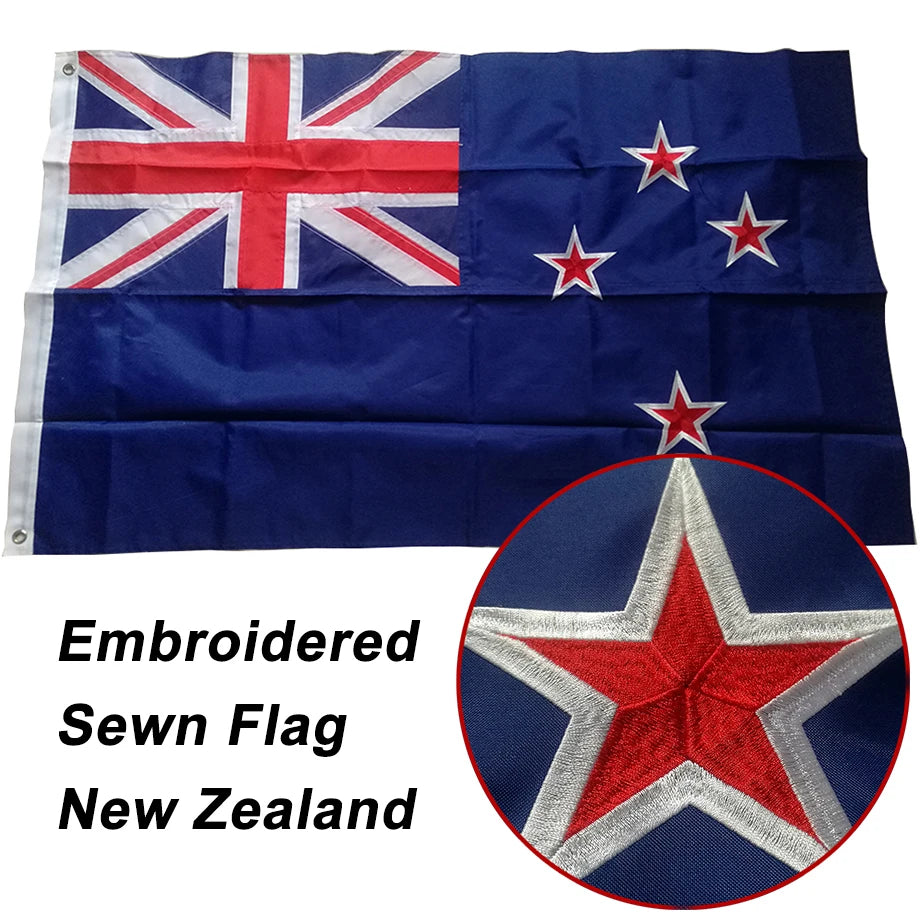 New Zealand flag with embroidered stars on a blue background