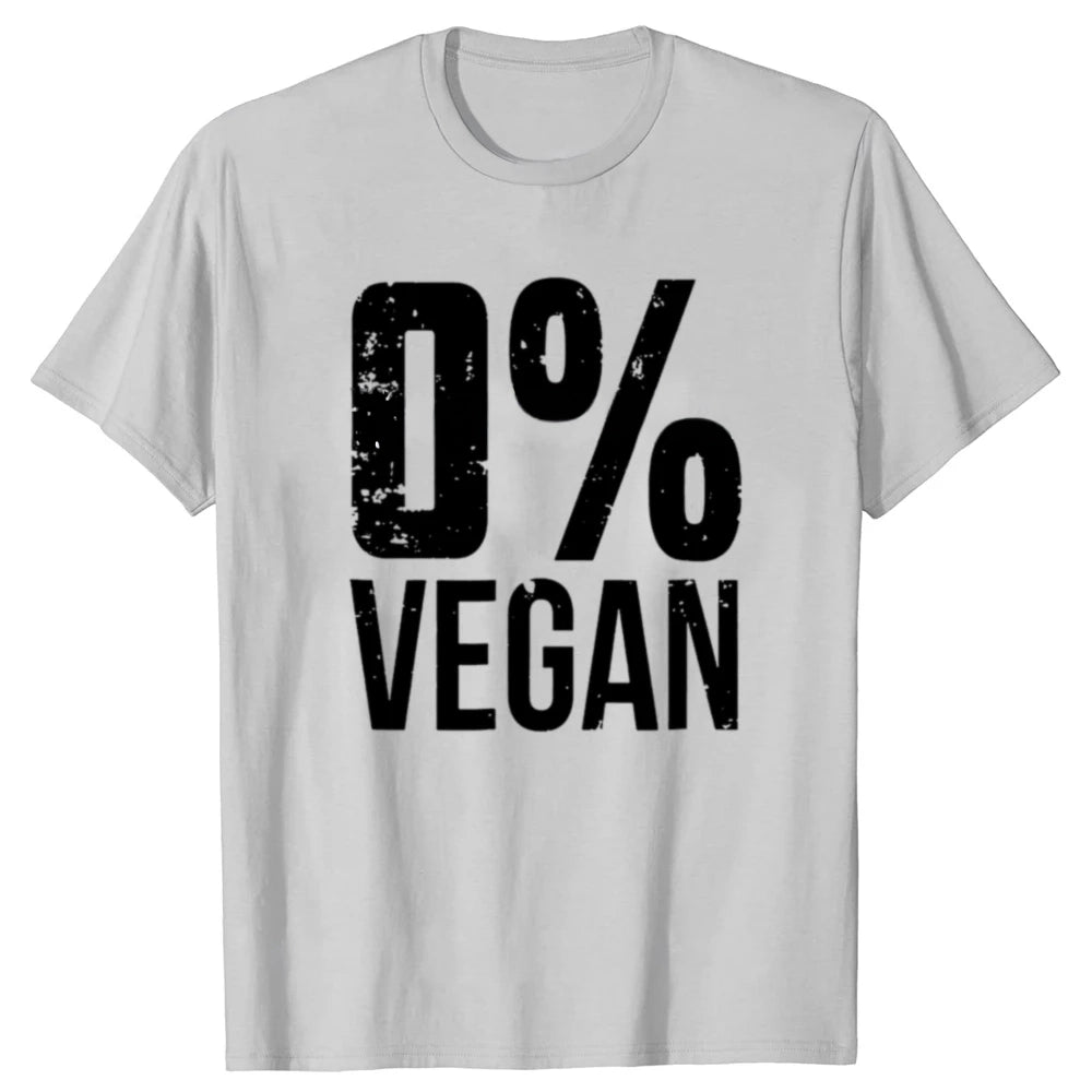 White t-shirt with '0% Vegan' text in black on a white background