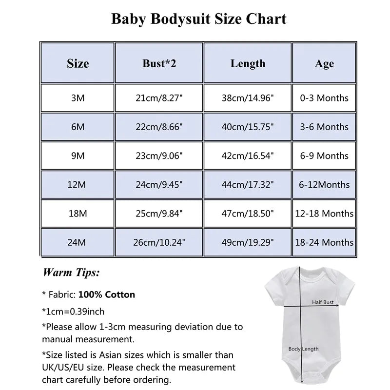 Baby bodysuit size chart with measurements and warm tips.