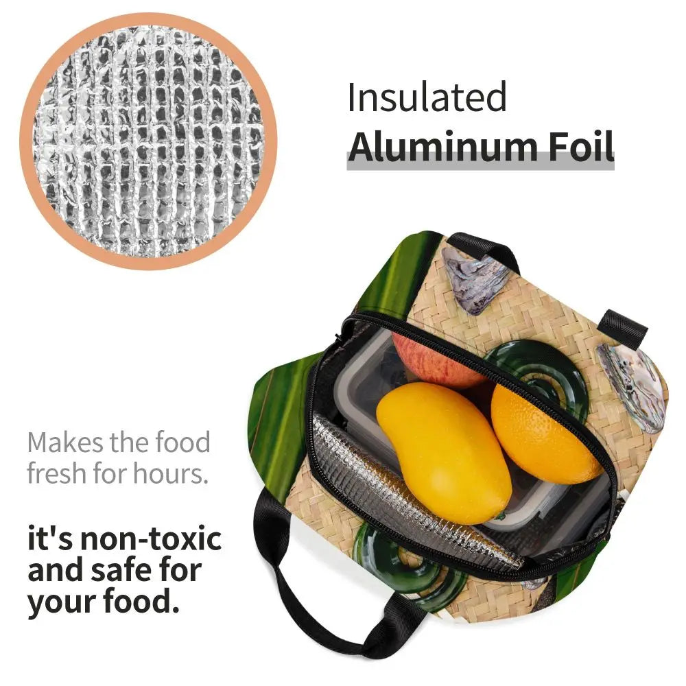 Insulated lunch bag with aluminum foil lining, showing food items and close-up of foil texture.