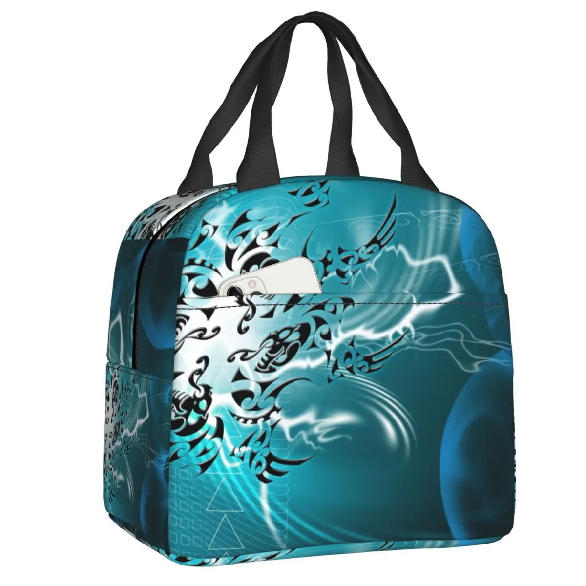 Blue insulated Lunch bag with black on a white background