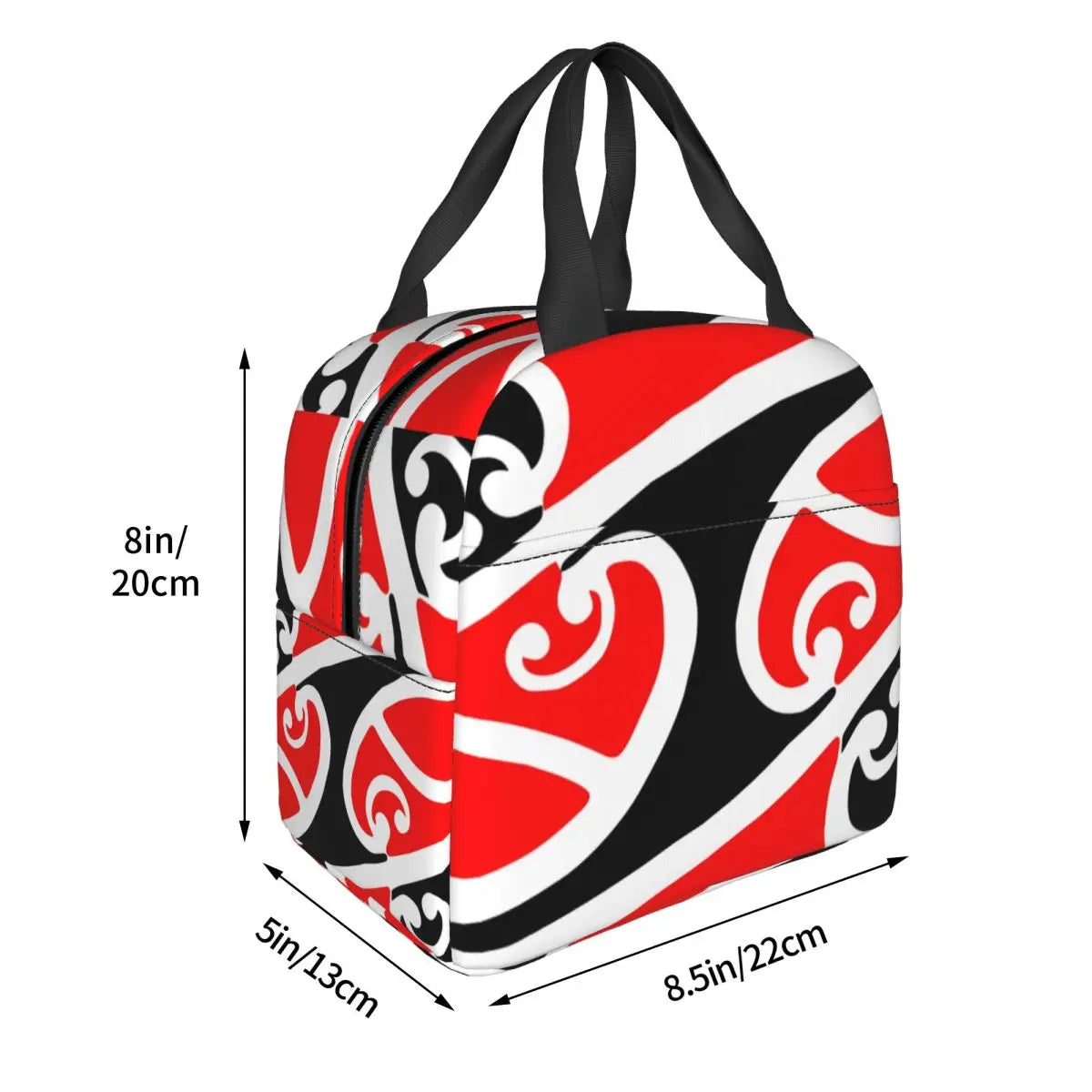 Red, black, and white patterned bag with dimensions indicated on a white background