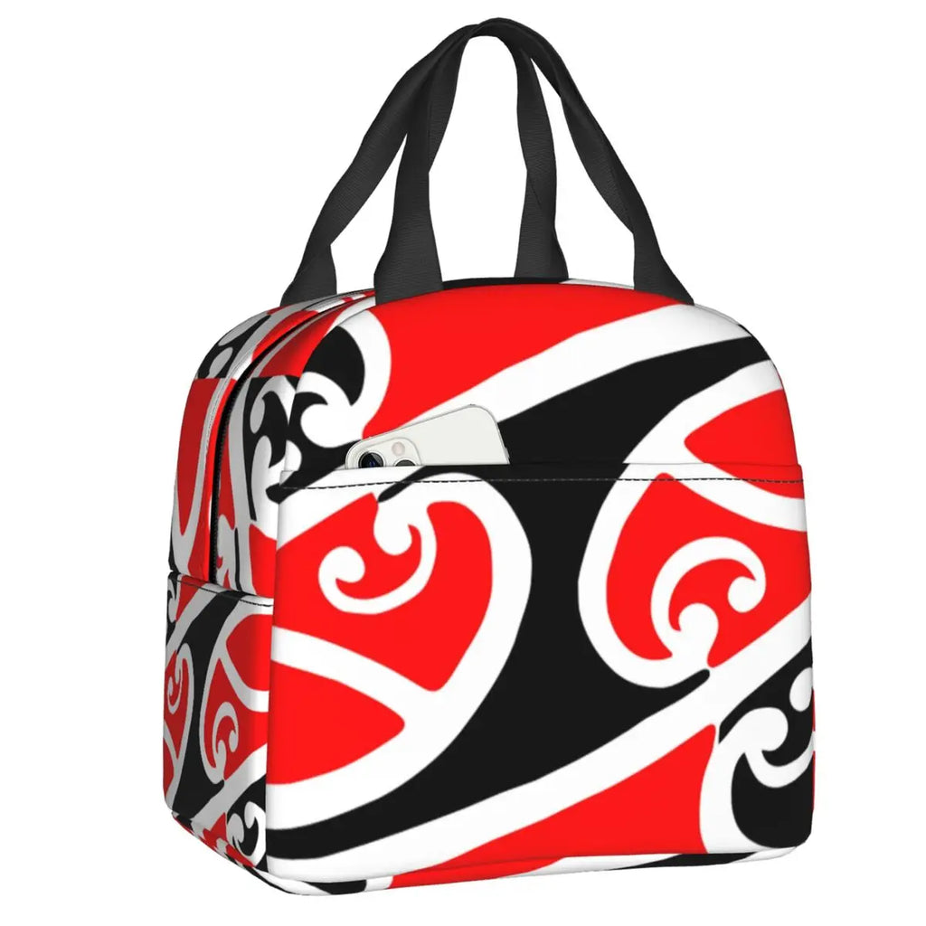 Māori Inspired Insulated Lunch Bag with red, black, and white abstract pattern on a white background