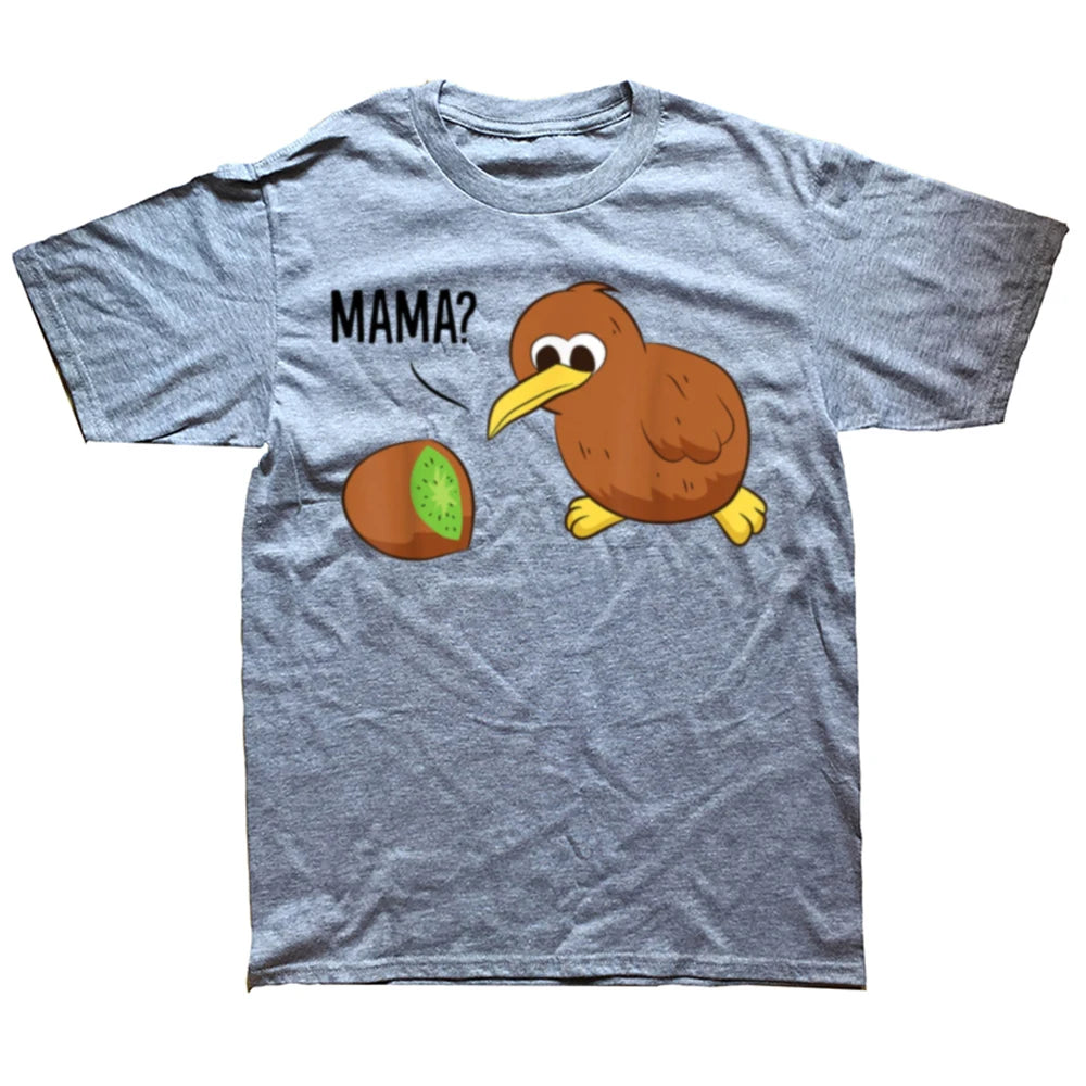 Grey t-shirt with cartoon kiwi bird and 'MAMA?' text on a white background