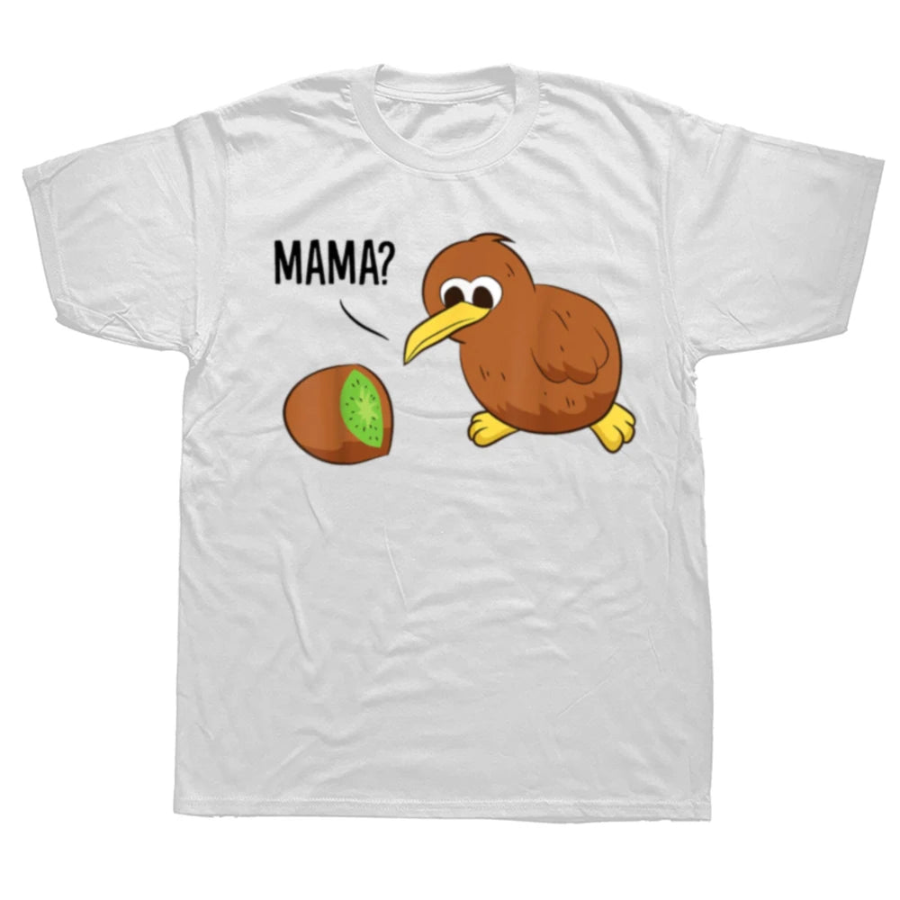 White t-shirt with a cartoon kiwi bird and baby kiwi asking 'MAMA?' on a white background