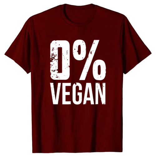 Maroon t-shirt with '0% Vegan' text in white on a white background