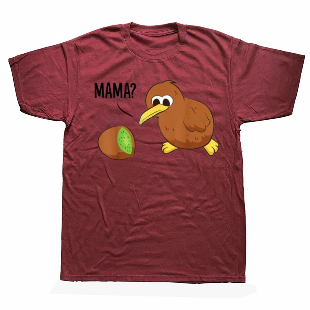 Maroon t-shirt with cartoon kiwi bird and 'MAMA?' text on a white background