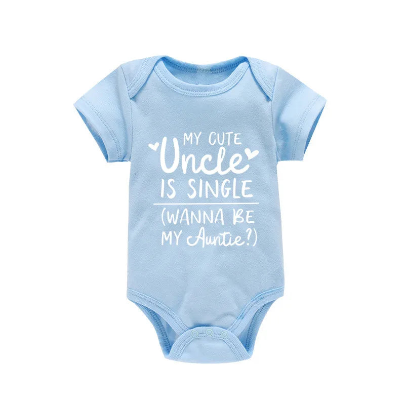 Light blue baby onesie with white text on a white background