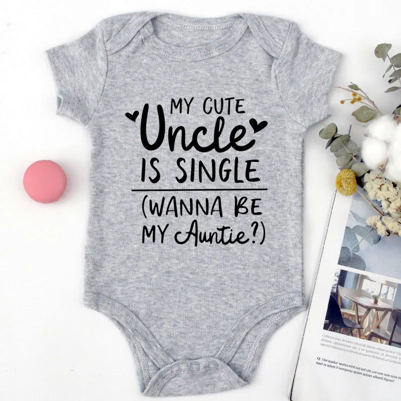 Gray baby onesie with text 'My cute Uncle is single (wanna be my auntie)?' on a white background.
