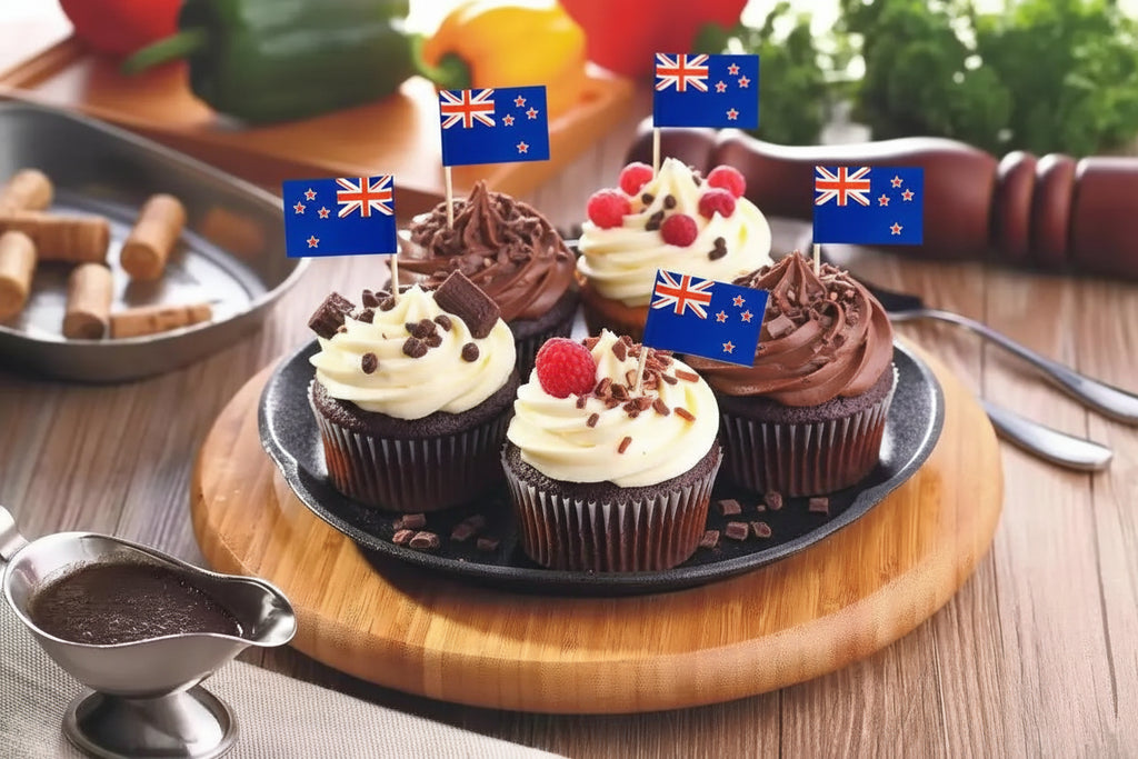 New Zealand Flag Cupcakes on a wooden table