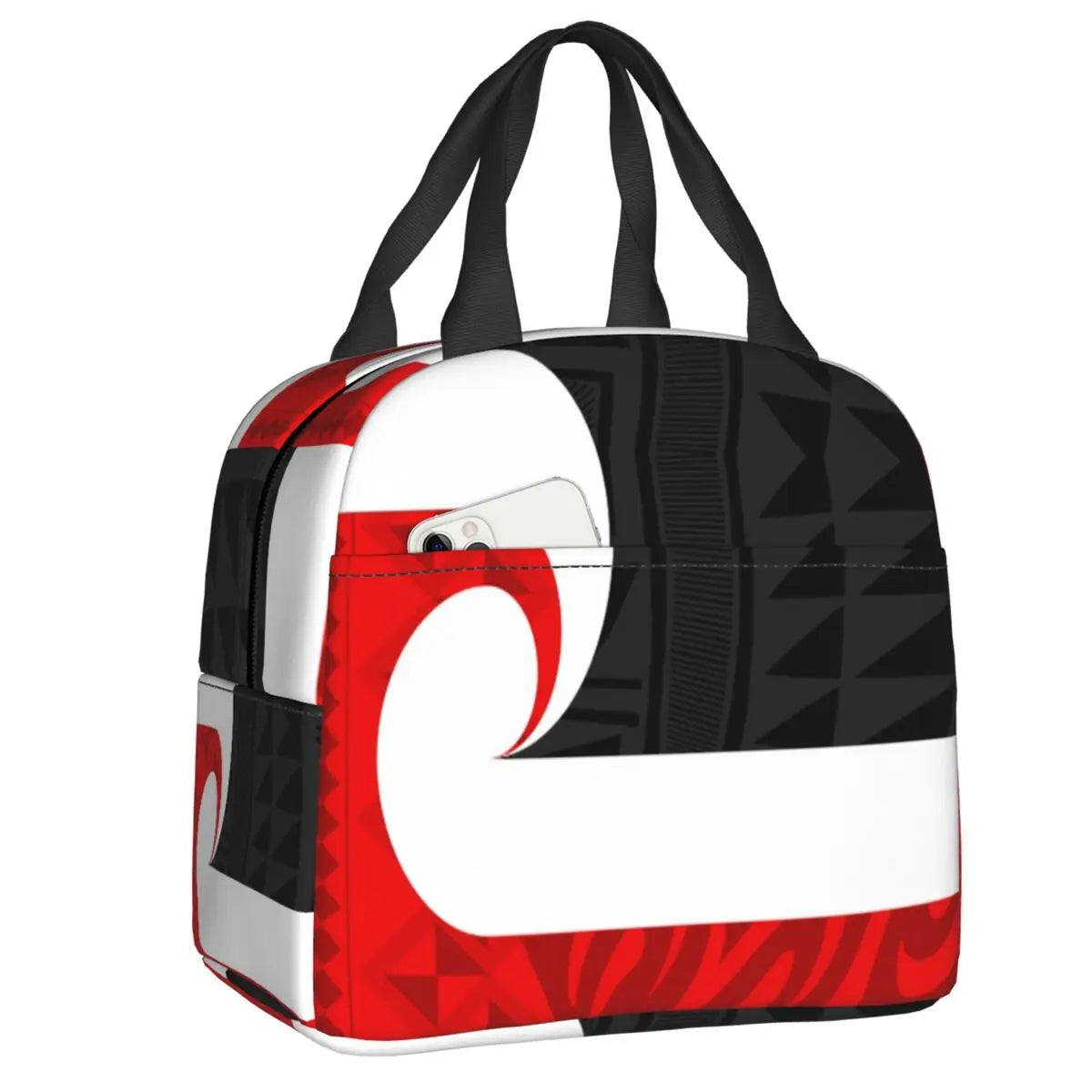 Insulated lunch bag with geometric pattern on a white background