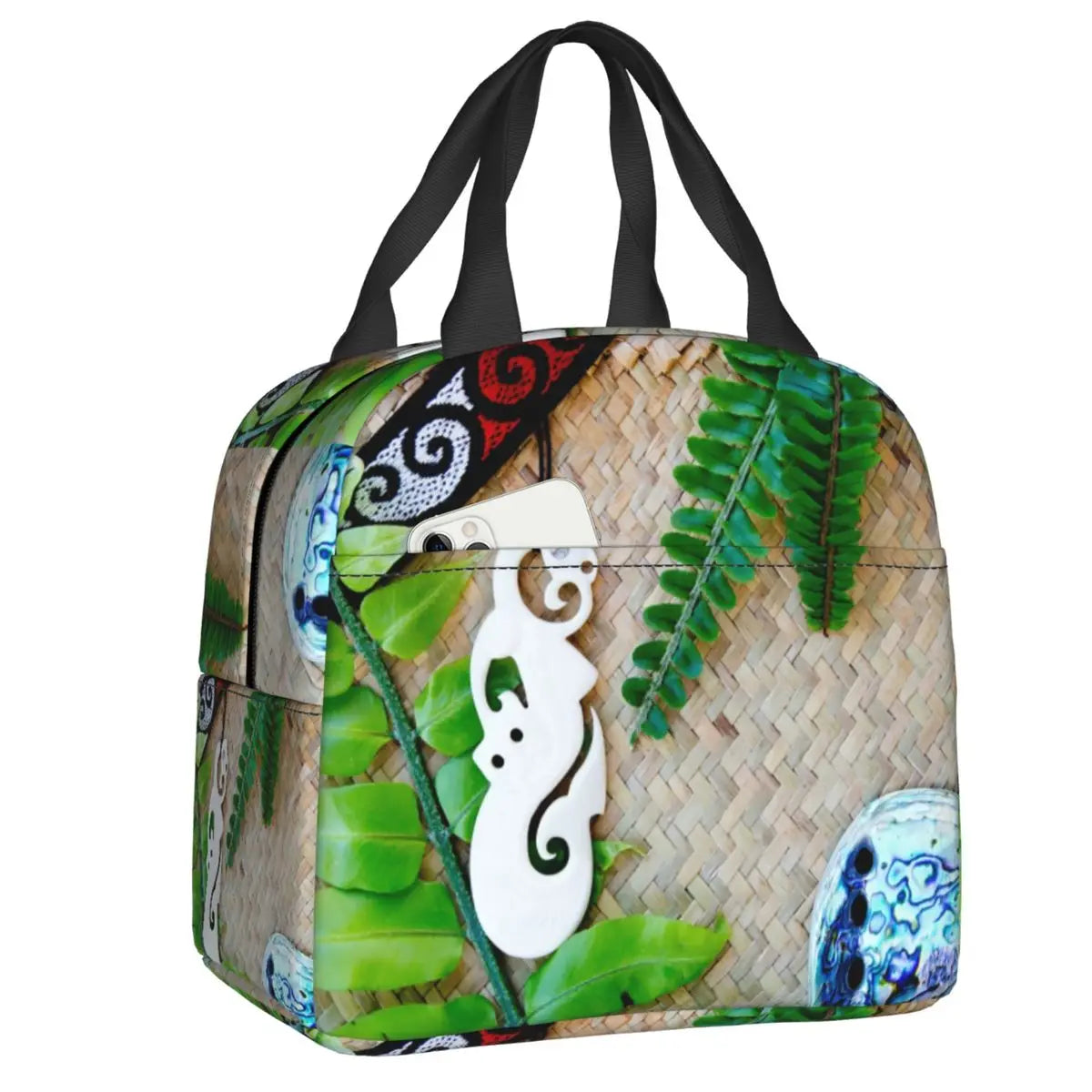 Insulated Lunch bag with woven pattern and leaf design on a white background