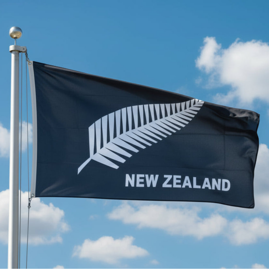 Black flag with silver fern and 'New Zealand' text on a white background